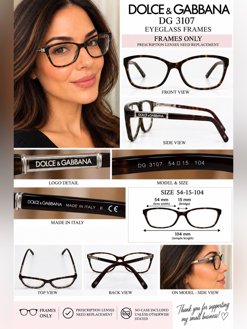 Dolce & Gabbana DG 3107 Eyeglasses Frames Tortoise Sliver 54-15-140 Made Italy
